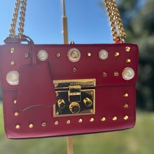 Gucci Padlock Red Studded Calfskin Shoulder Bag with COA